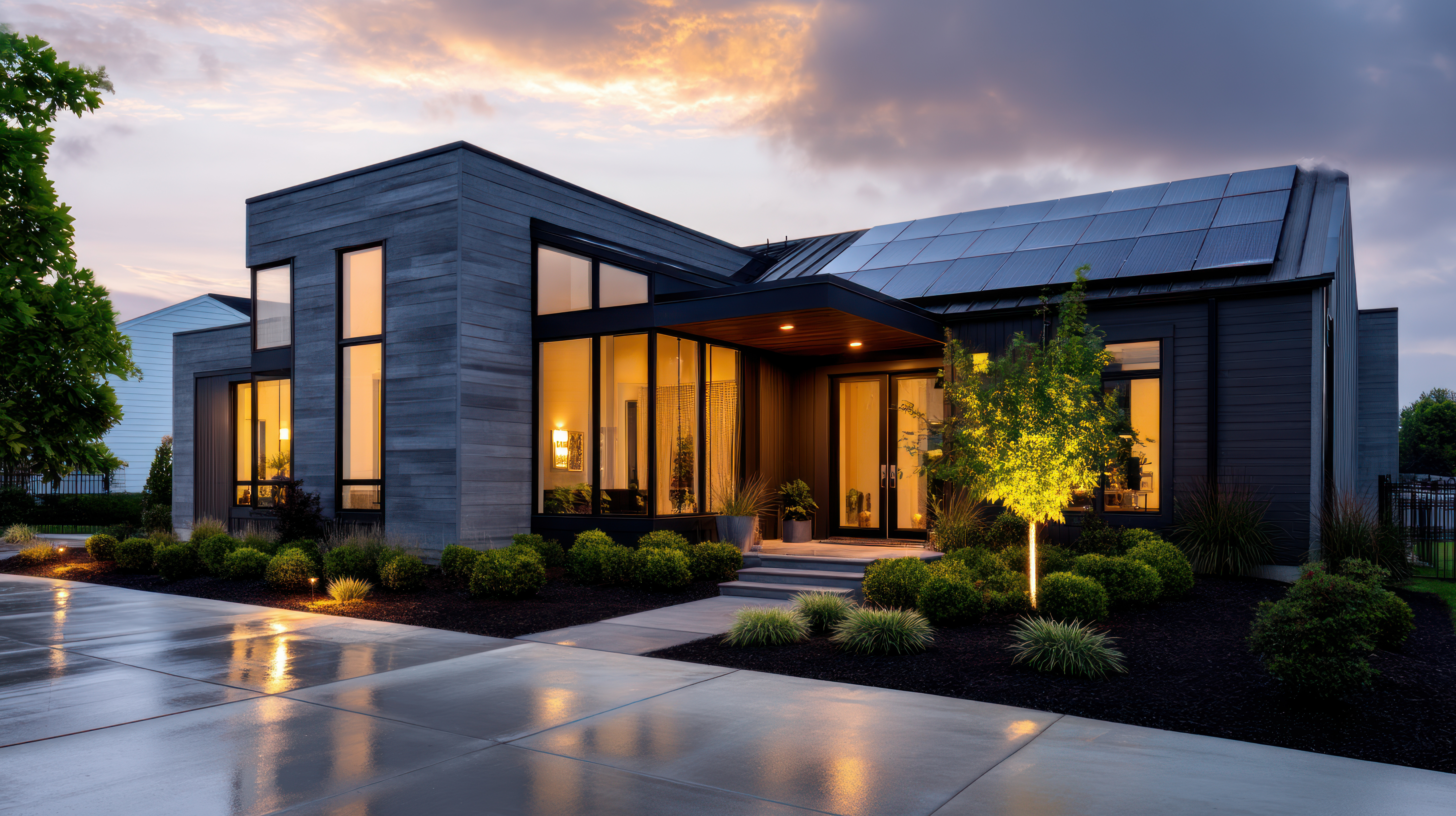 solar panels photovoltaics roof of a house and a beautiful skyn Alternative electricity source Concept of sustainable resources super modern modernized and cozy house in the nature