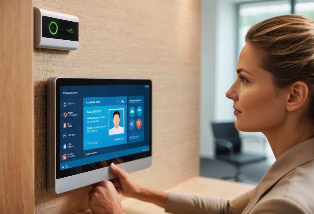 A hand operates a smart home control panel the scene is modern and represents convenience and